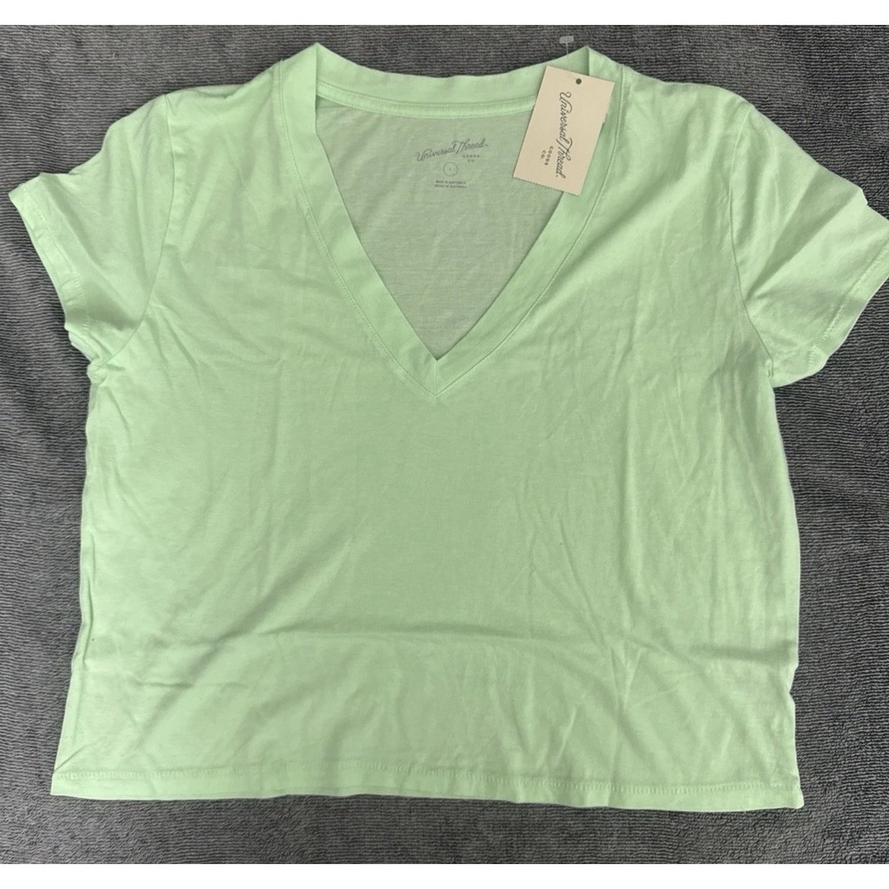Women's Box Short Sleeve V-Neck T-Shirt Universal Thread Mellow Green Sz Large - Picture 3 of 5